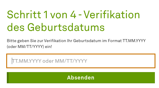 „Schritt 1: Eingabe des Geburtsdatums im Format TT.MM.YYYY. Feld und Button ‚Absenden‘ sichtbar.“