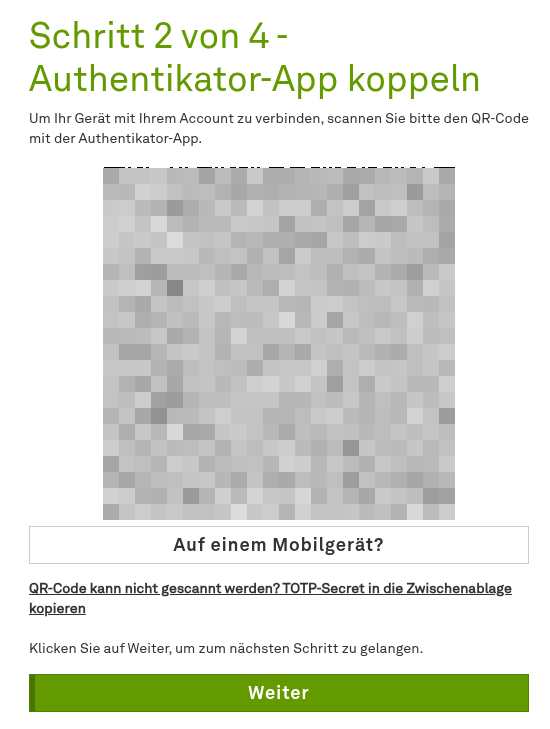 „Schritt 2: QR-Code zum Koppeln der Authentikator-App, Links zur Hilfe und grüner Button ‚Weiter‘.“