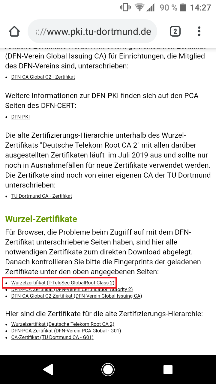 Ein Screenshot der PKI Seite der TU Dortmund, auf dieser ist der Link zum Wurzelzertifikat der deutschen Telekom markiert. 